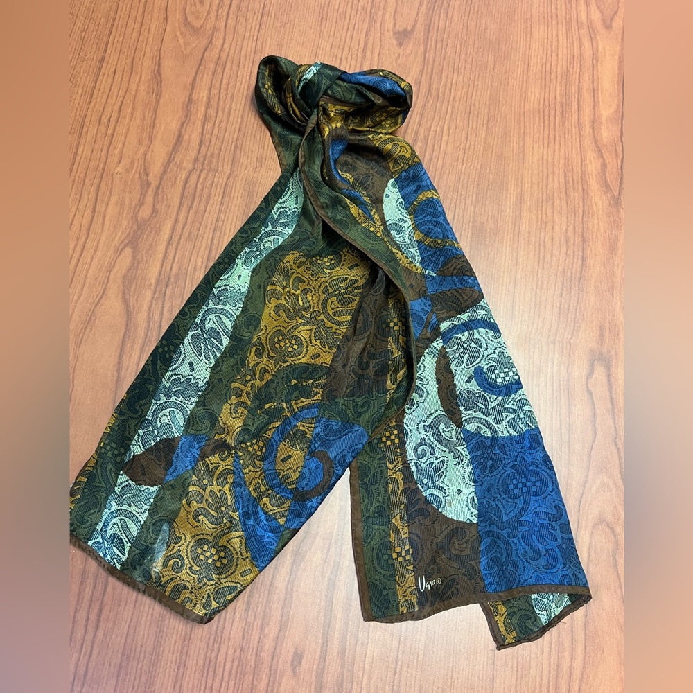 Vintage Una Abstract Paisley Silk Scarf 10x51” Brown Blue Green Art Print